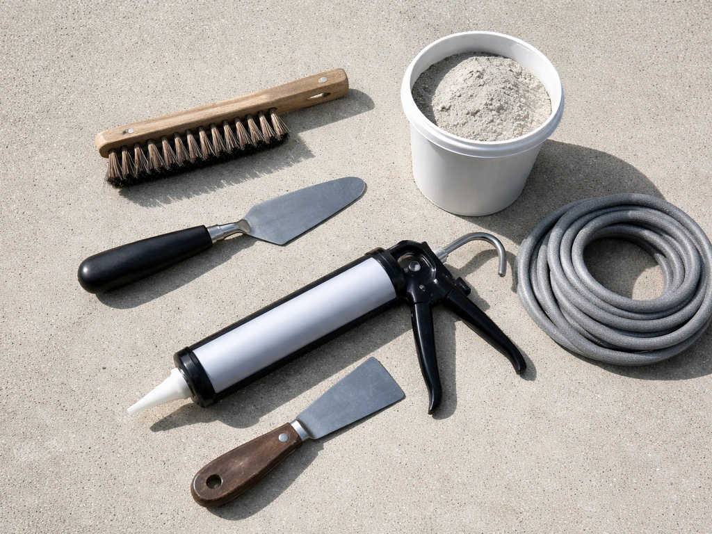 Overhead view of patio crack repair supplies: wire brush, trowel, filler or mortar, caulk and backer rod.