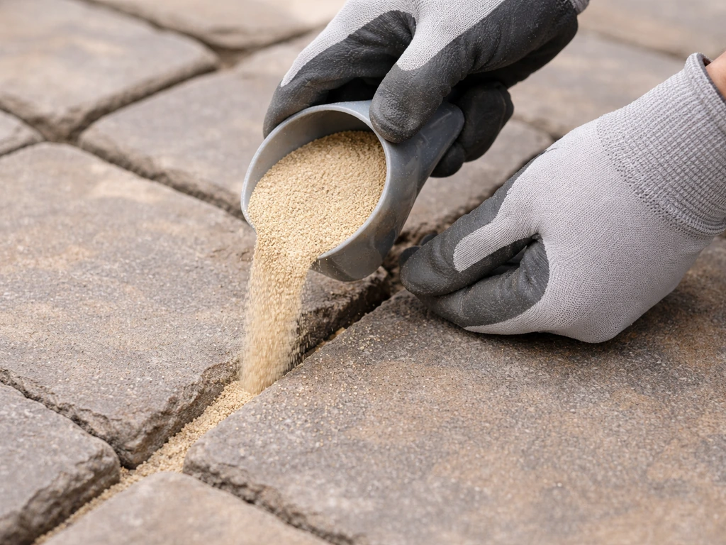 Gloved hands pour polymeric sand into clean gaps between stone pavers, filling the failed joints.