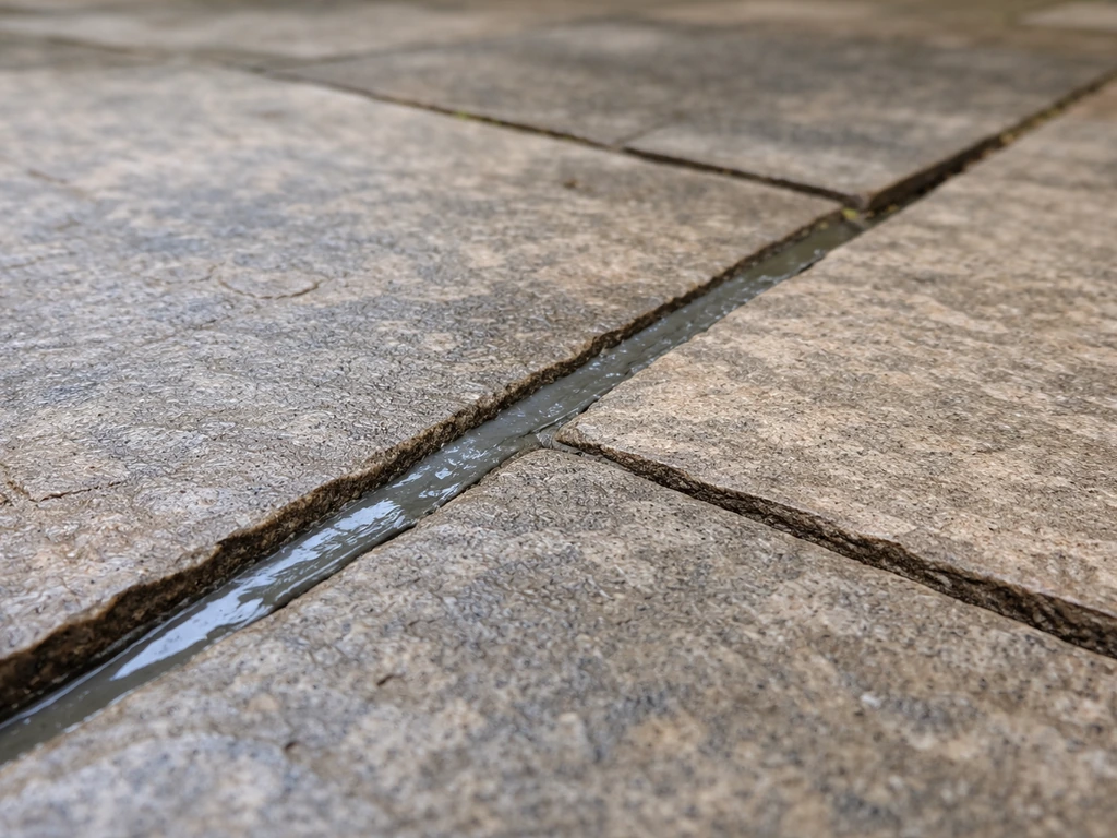 Stone patio crack filled with fresh two-part epoxy filler, clean edges showing structural repair