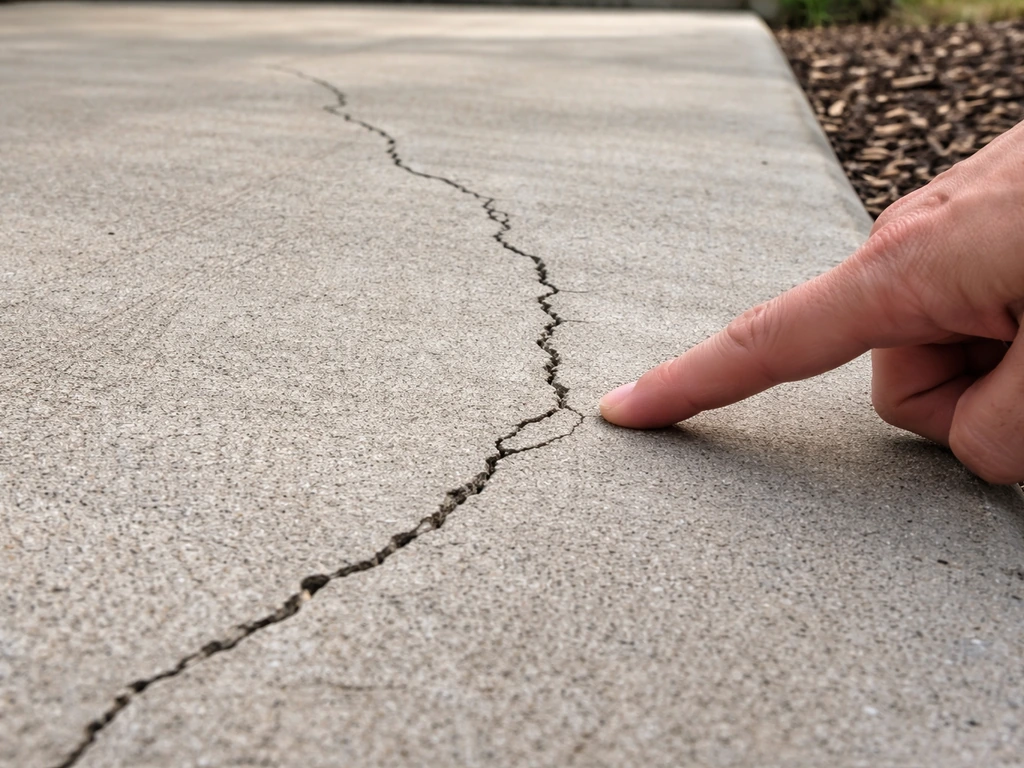 Close-up of a concrete patio crack with a hand inspecting the crack’s width and branching pattern.