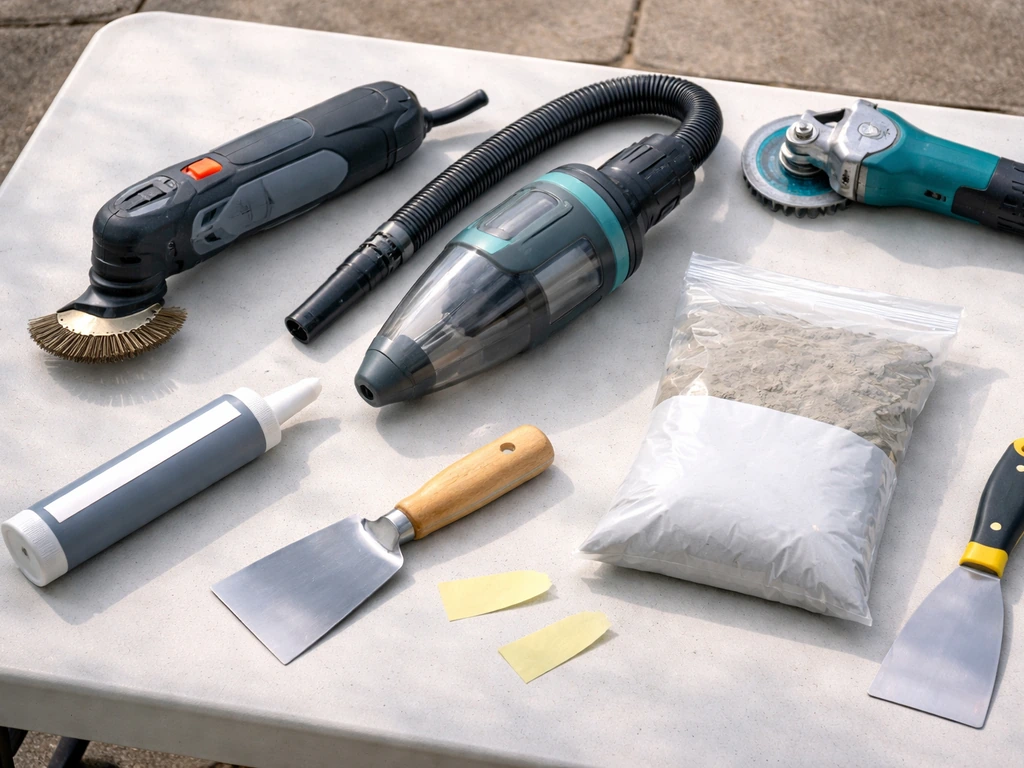 Neatly staged DIY tools and materials for repairing a cracked cement patio slab on a clean work surface.