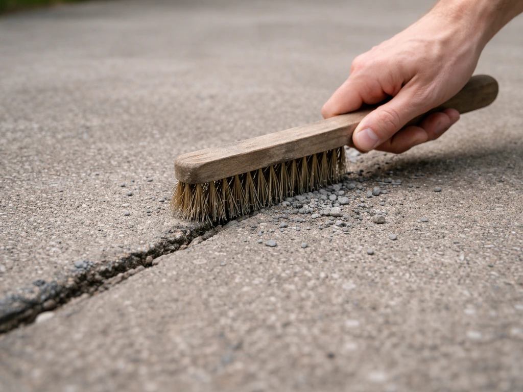 Close-up of a concrete crack being cleaned with a wire brush, debris cleared and void visible.