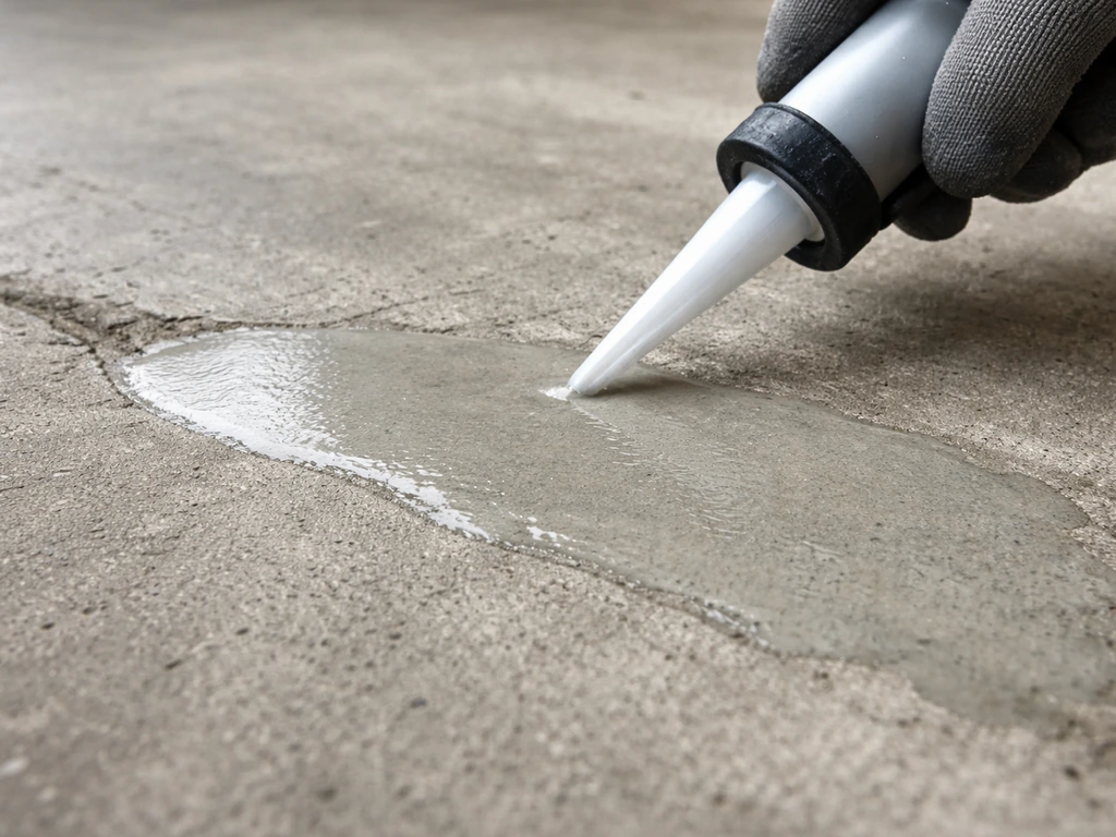 Contractor applies clear sealant over a smoothed cured concrete patch using a caulking gun
