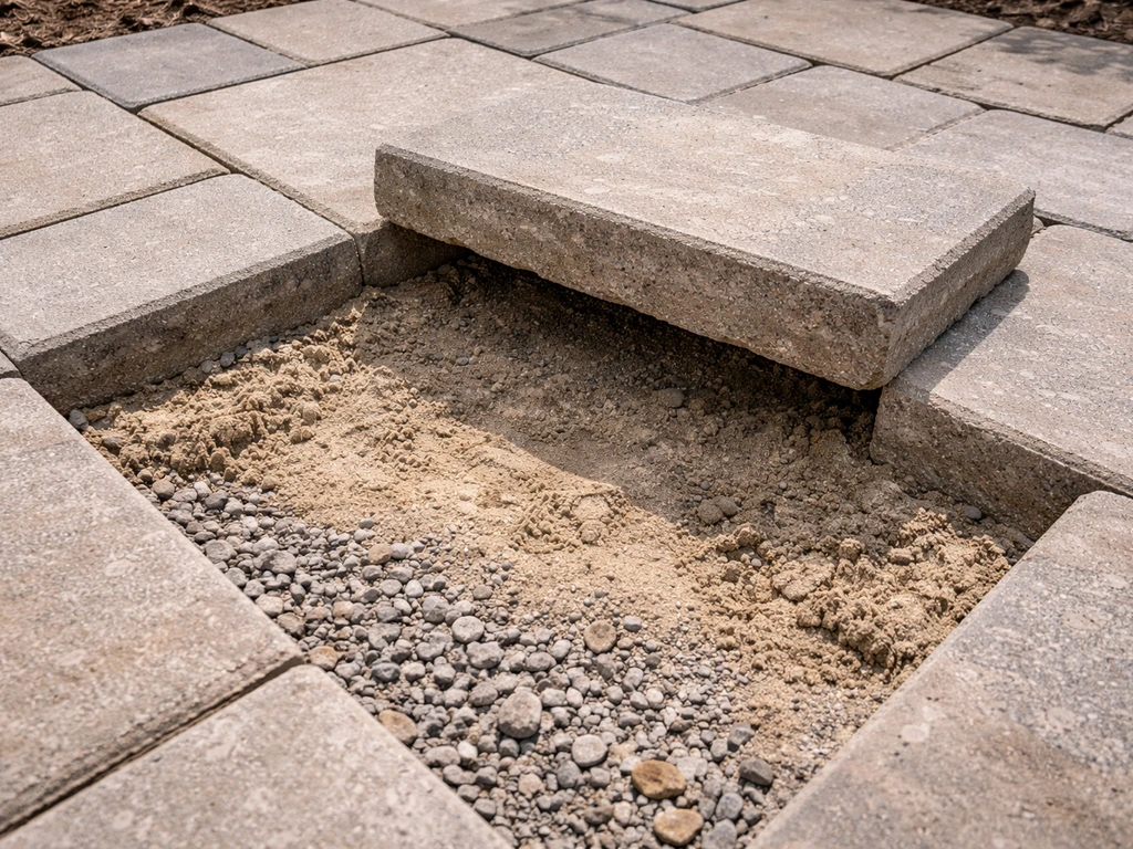 Partially lifted paver with eroded bedding sand and compacted gravel base beneath, outdoors