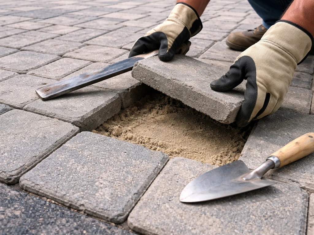 Gloved hands lift a sunken paver with a pry bar while bedding sand is leveled nearby.