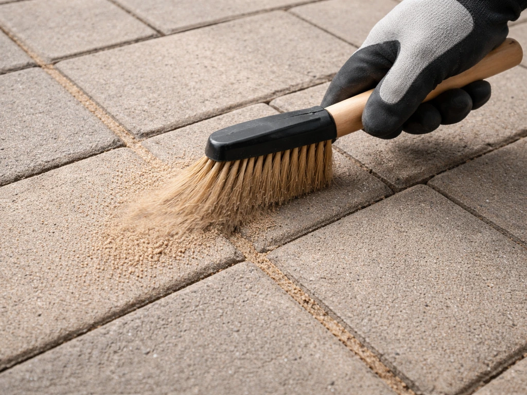 Hand sweeping polymeric sand into clean, dry paver joints