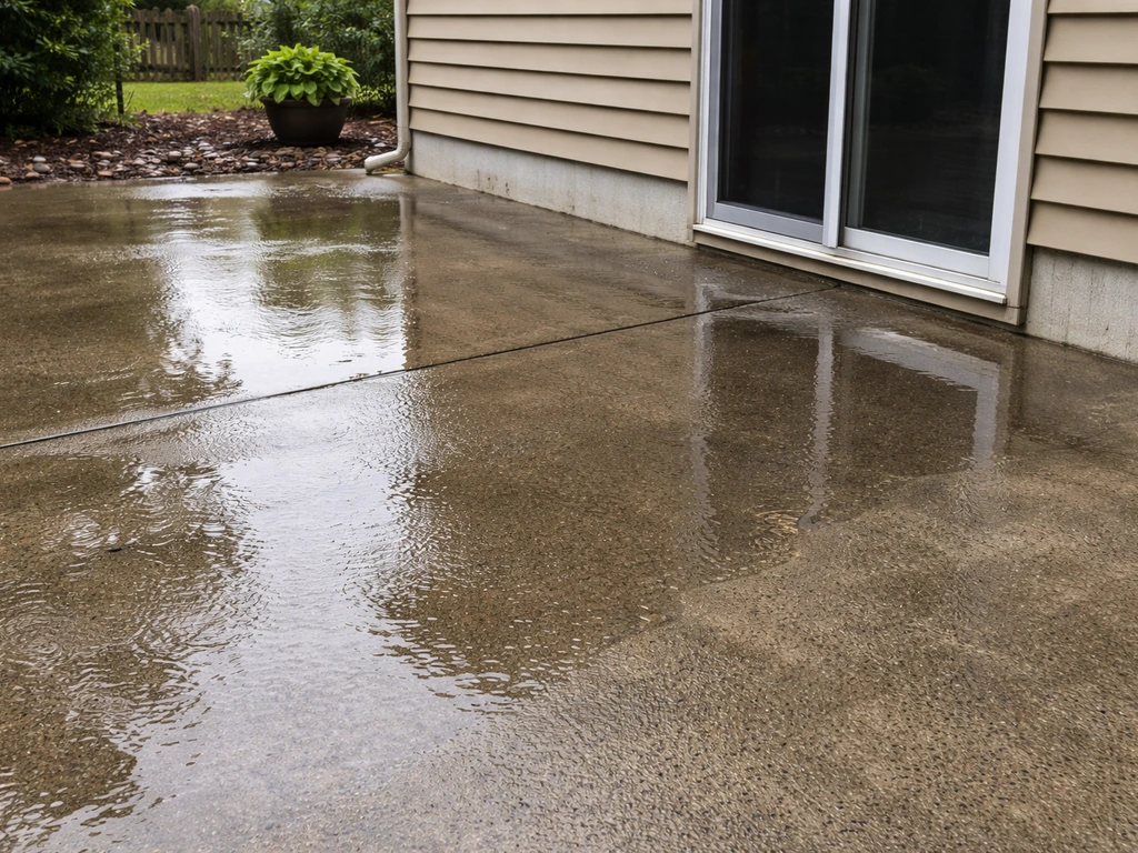 Patio after rain with shallow puddles and water flowing toward the house foundation