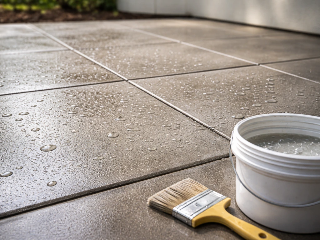 Freshly sealed patio with water beading on a clean concrete surface under natural light