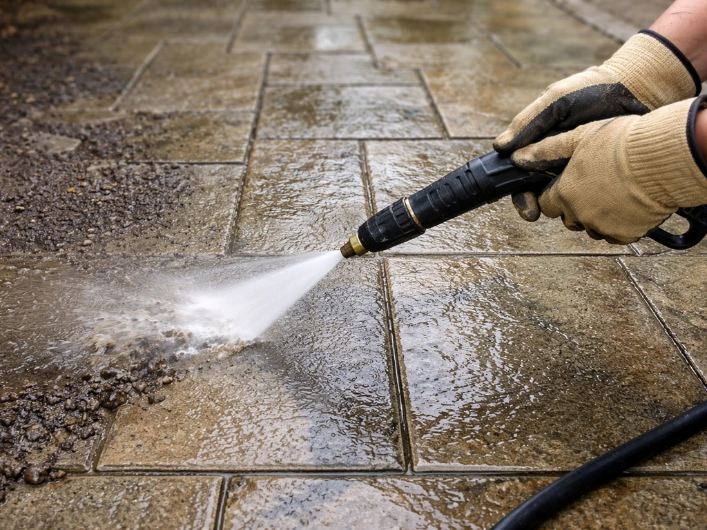 Pressure washer cleaning a patio stone surface before sealing, with water spray and visible grime removal.