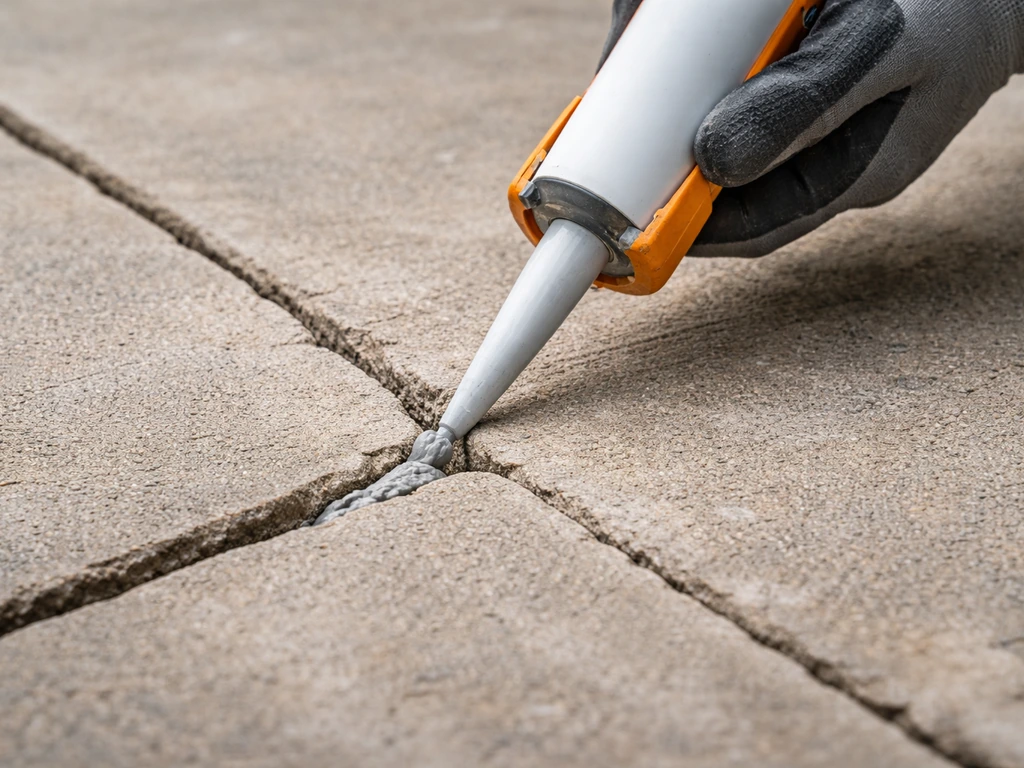 Gloved hands applying crack filler from a caulking gun into a concrete patio crack