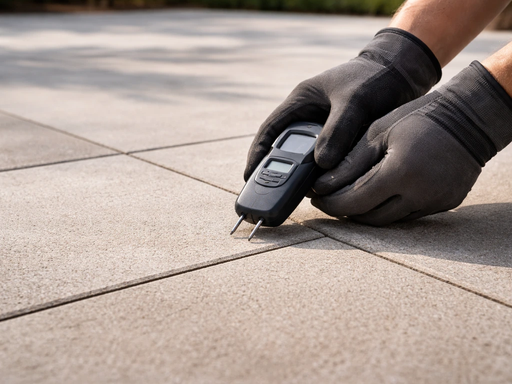 Gloved hands checking a dry patio concrete surface with no damp haze or puddles visible