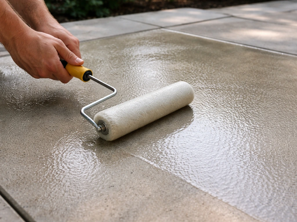 Hand holding a roller applying patio sealer, wet sheen on concrete paving in natural light.