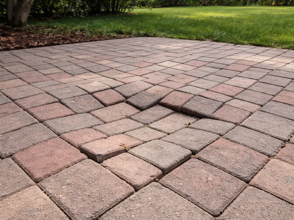 Uneven brick patio with a visibly sunken section and misaligned pavers indicating sinking.