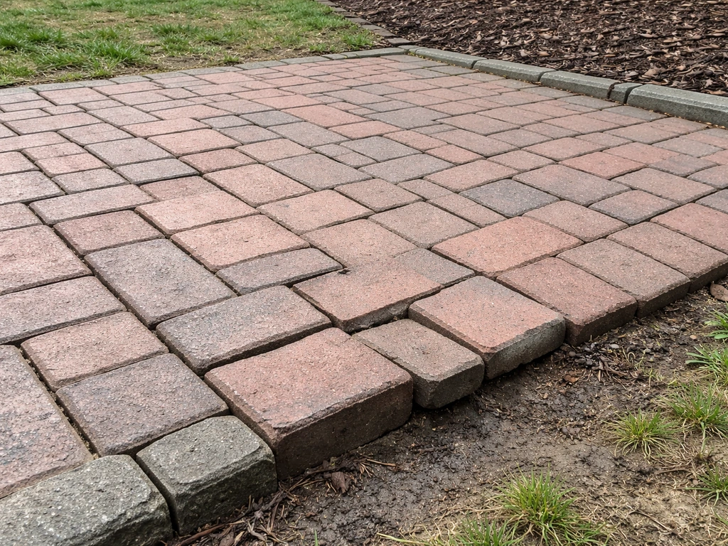 Uneven brick patio with one sunken corner and misaligned bricks showing settlement.