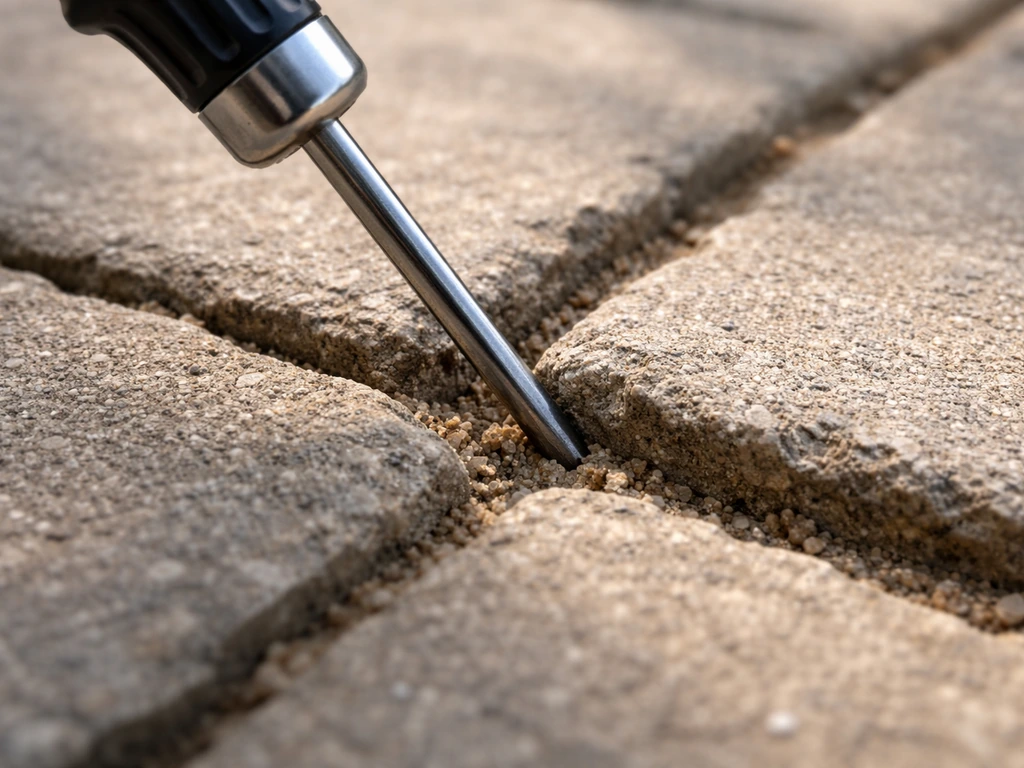 Close-up of a thin metal rod probing between patio bricks to check for voids and depth.