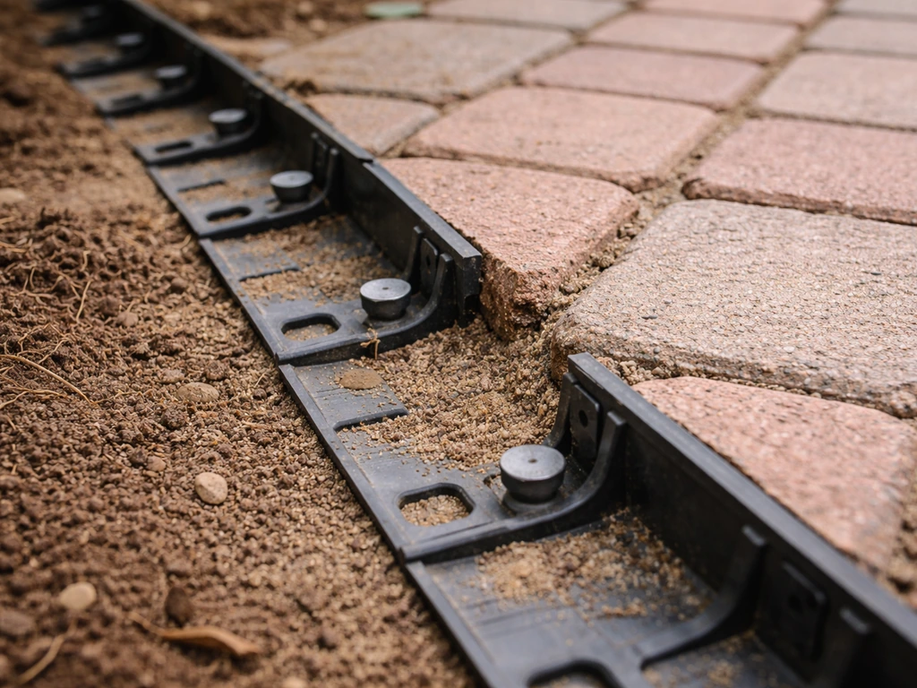 Close-up of brick joints with sand and plastic edge restraint, some edging slightly lifted.
