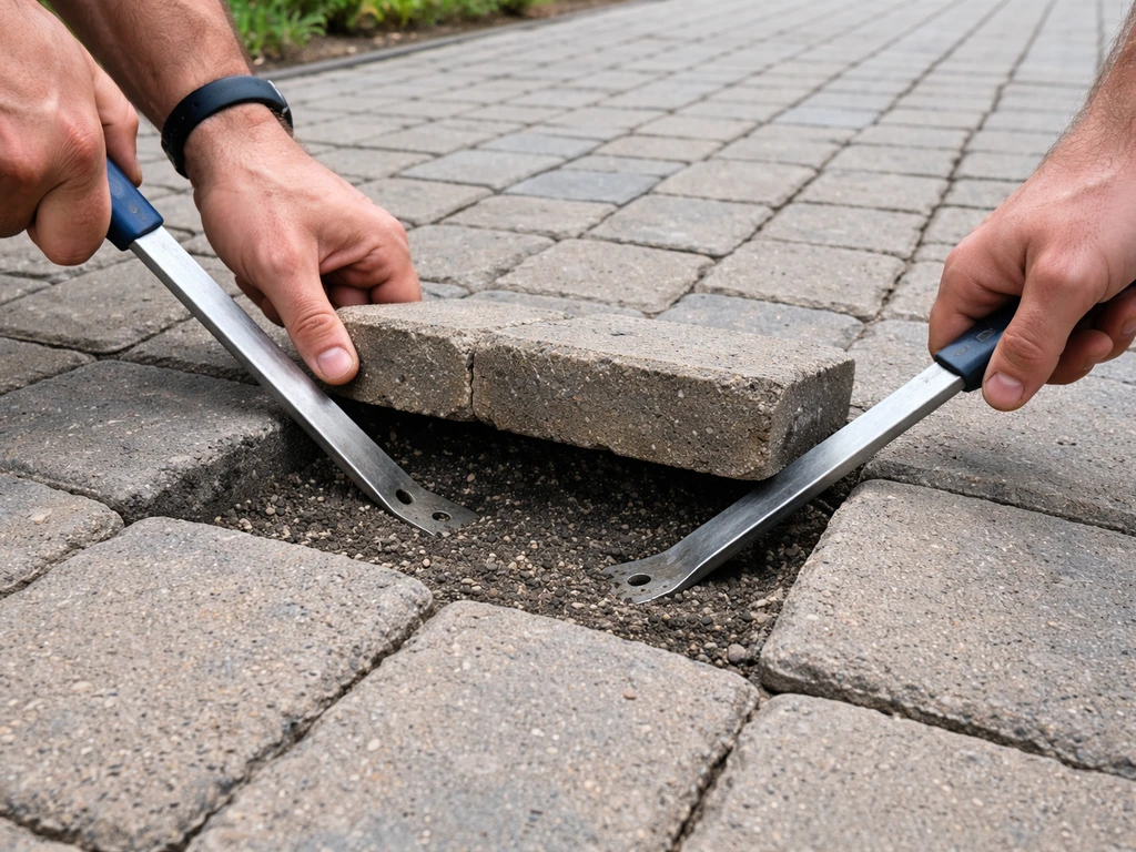 Close-up of DIY hands using pry bars to lift a small section of pavers from a brick walkway.
