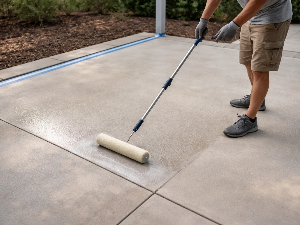 DIYer rolling a fresh, even coat of patio sealer on a prepared concrete patio surface
