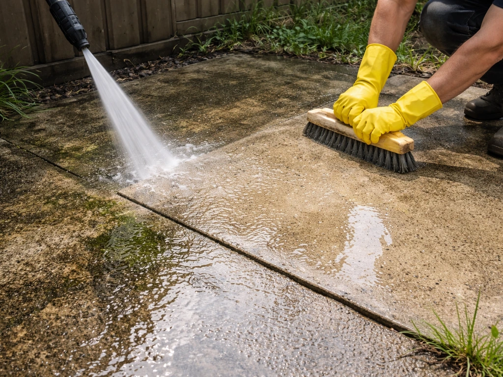 Patio surface being pressure-washed clean, with dirt and algae rinsing away.