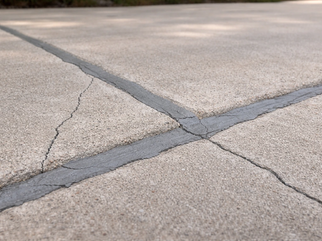 Close-up of a concrete patio crack filled and smoothed, dry and ready for sealing.