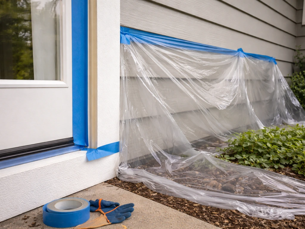 Painter’s tape and clear plastic sheeting masking a door frame, wall edge, and nearby garden bed.
