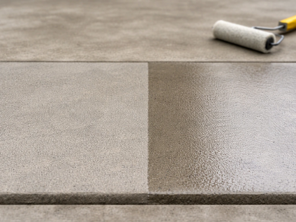Two adjacent concrete patches: left matte penetrating look, right glossy film-forming wet sheen.