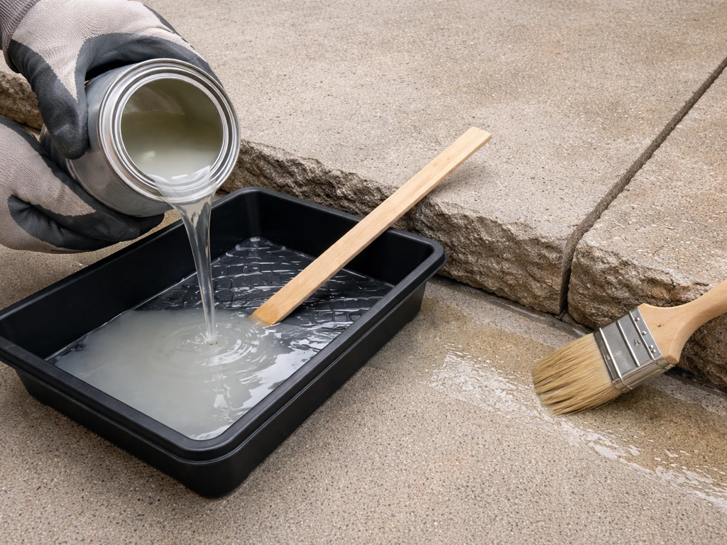 Hand pours patio concrete sealer into a tray, then uses a brush to cut in along the edge.
