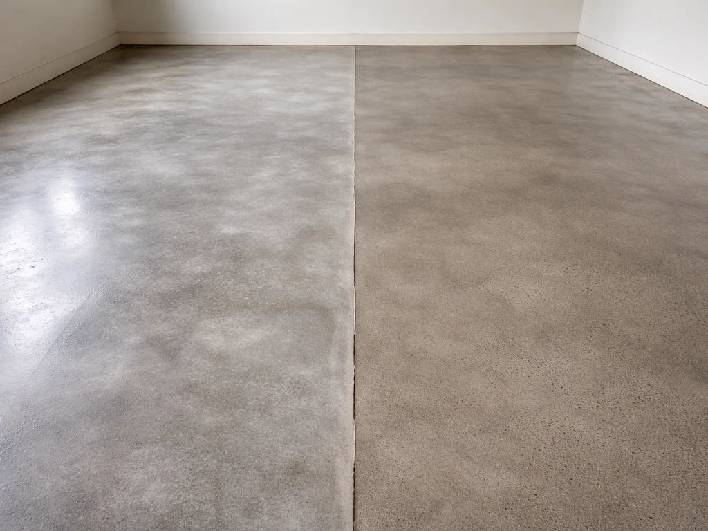 Split concrete slab showing milky hazy sealed area on one side and clear dry seal on the other.