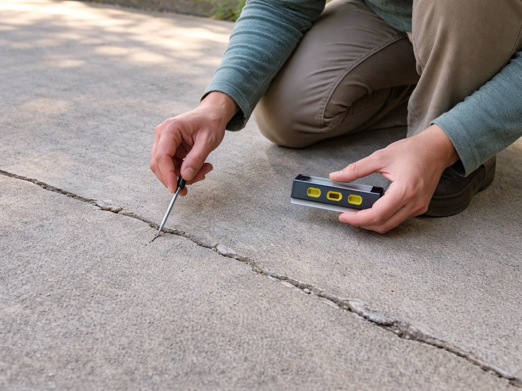 Homeowner crouches on a concrete patio, using a screwdriver and small level to inspect cracks.