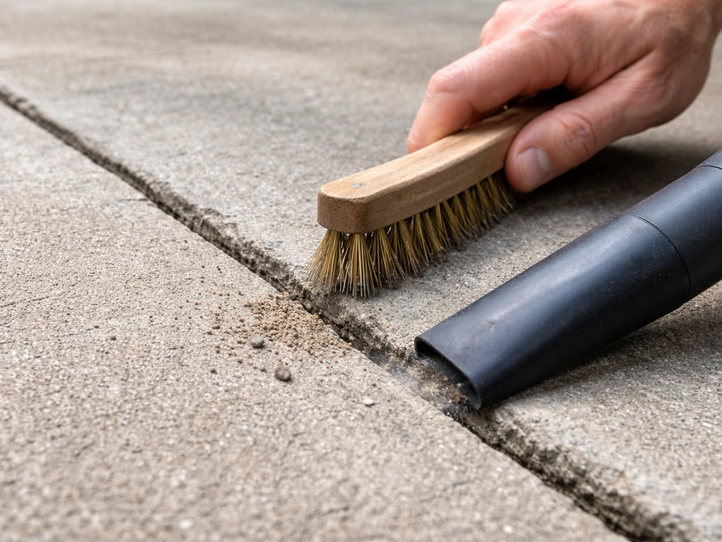Close-up of a concrete crack being wire-brushed and vacuumed clean before patching.