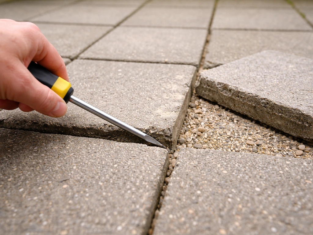 Hand pries up a broken patio paver with a flathead screwdriver, removed paver set aside.