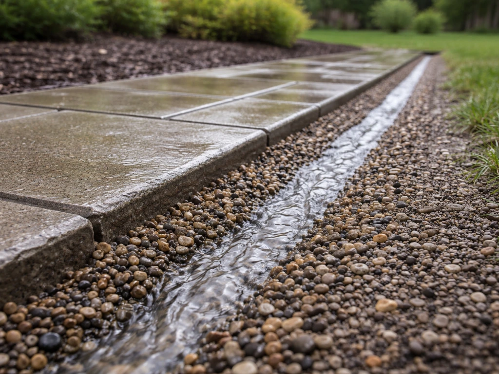 Water flowing along a graded gravel drainage channel away from a patio edge.