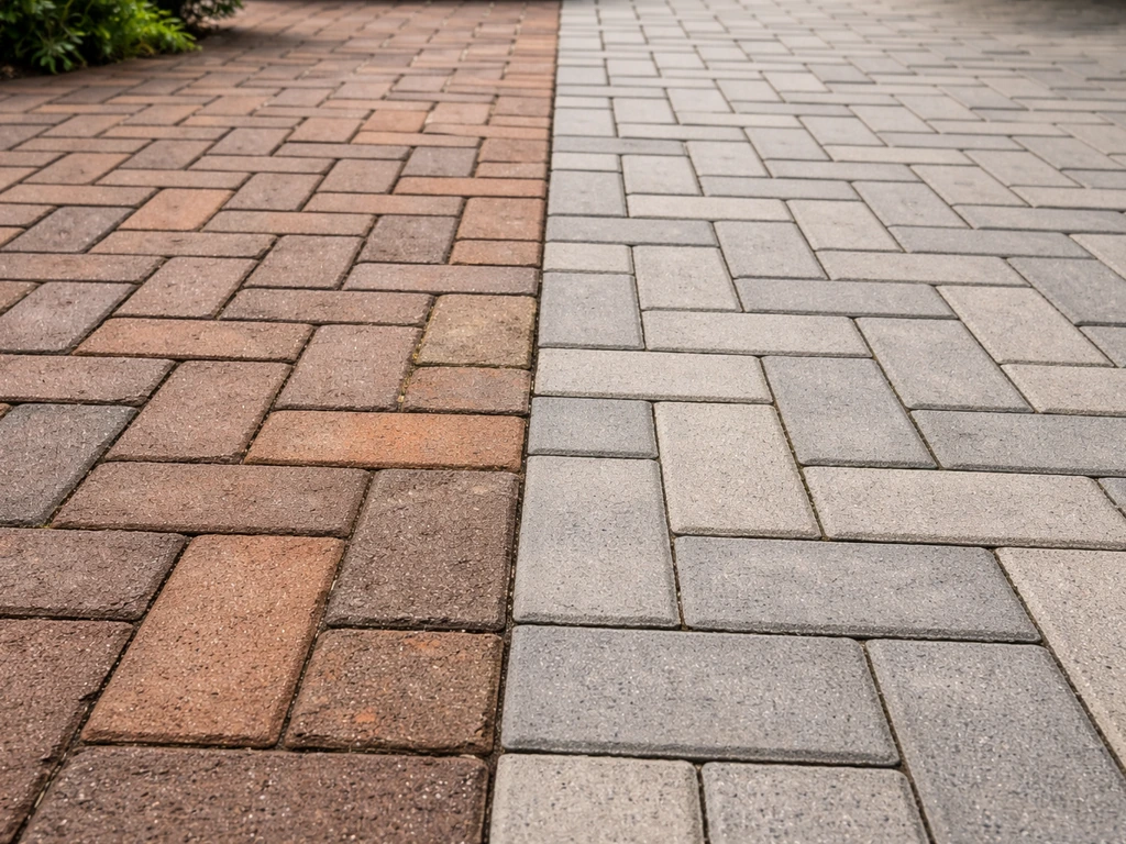 Side-by-side patio materials showing clay brick running bond and concrete pavers in herringbone pattern.