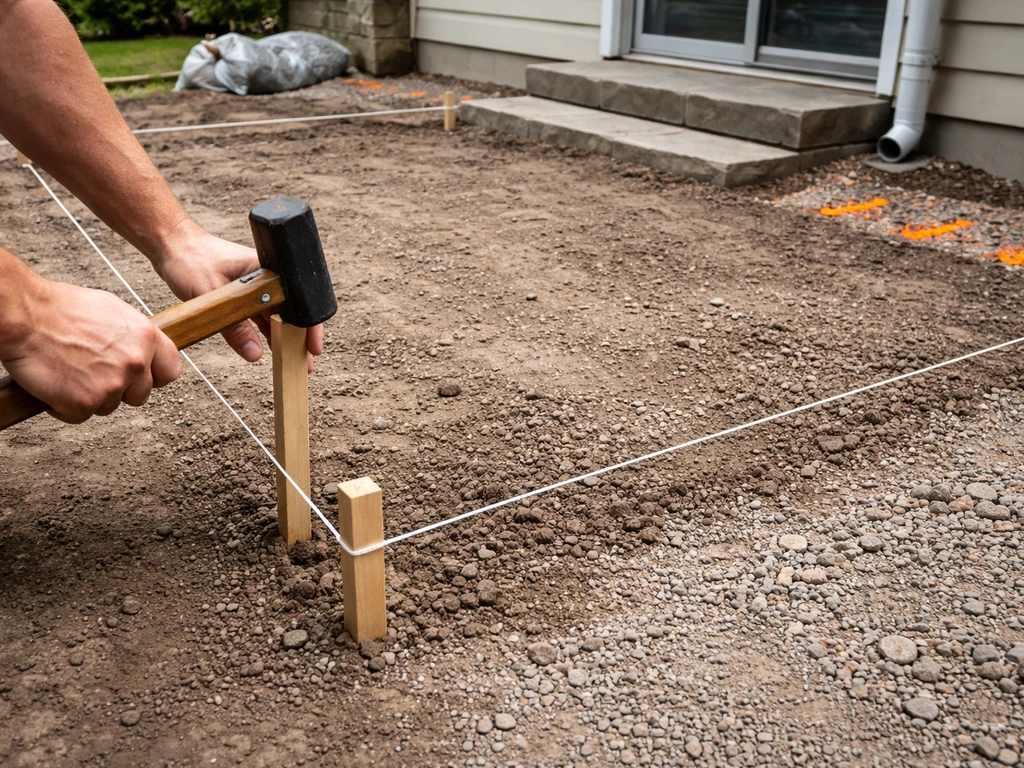 Hands setting patio boundary stakes with taut string and spray paint marking the slope direction away from the house.