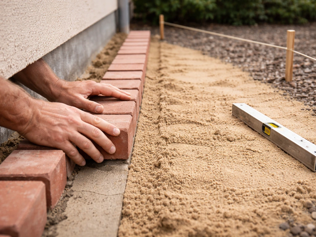 Bricklayer setting the first row of bricks along a straight fixed edge on a sand bed