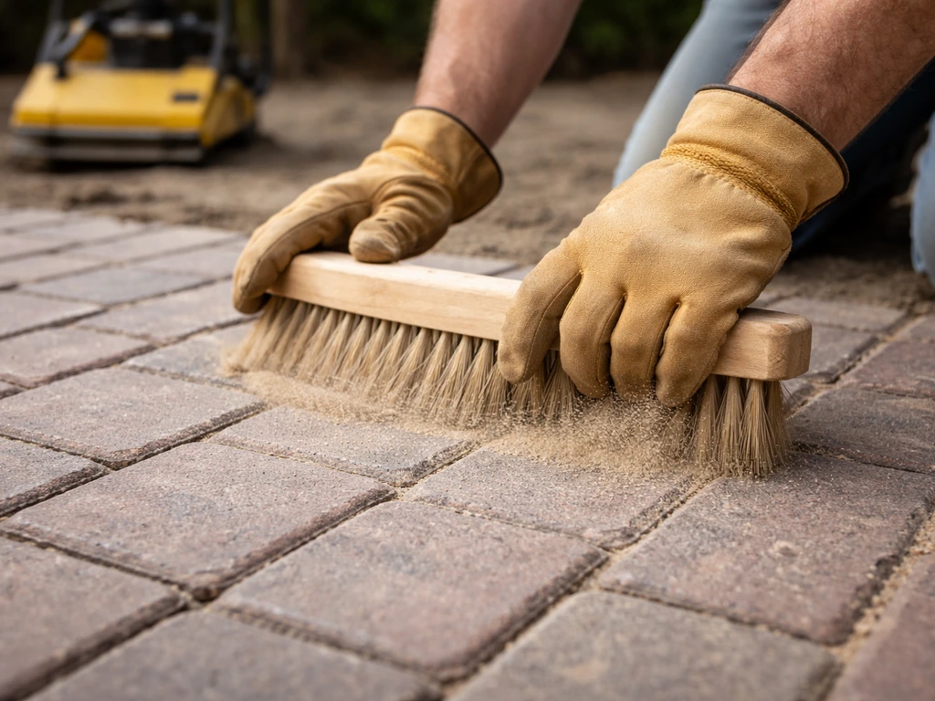 Gloved hands brushing polymeric jointing sand into brick paver joints after compaction, plate compactor blurred.
