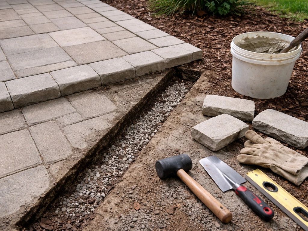 DIY repair of patio edging with a leveled restored border beside an excavated section and tools nearby.