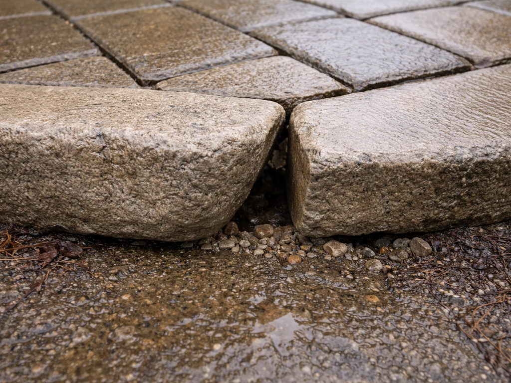 Close-up of bulging paver edging with separated stones and a visible void at the base.
