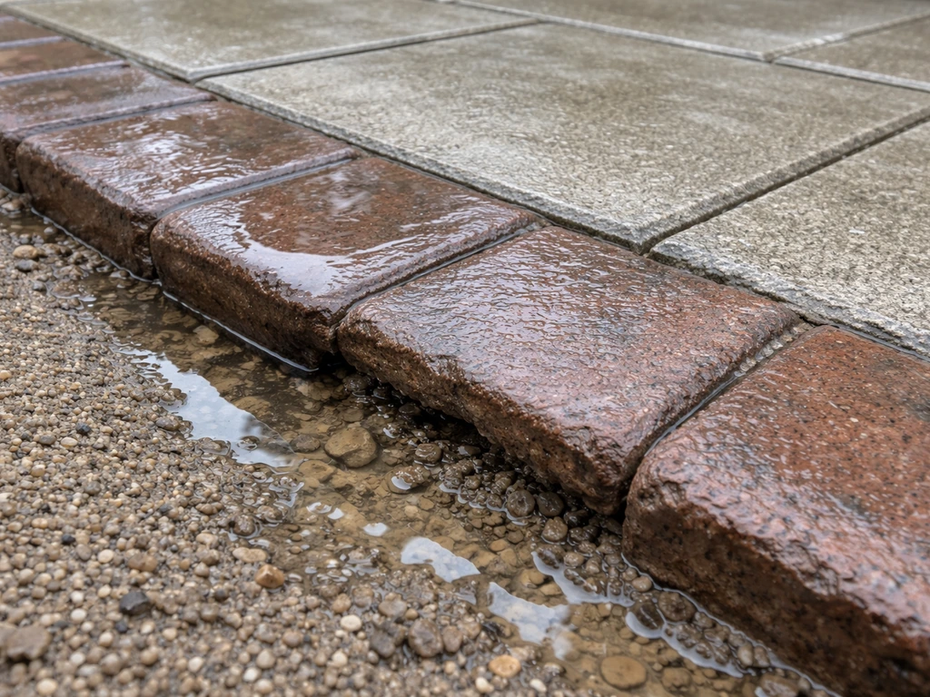Water pooling along a patio edging line with eroded joint sand at the base.