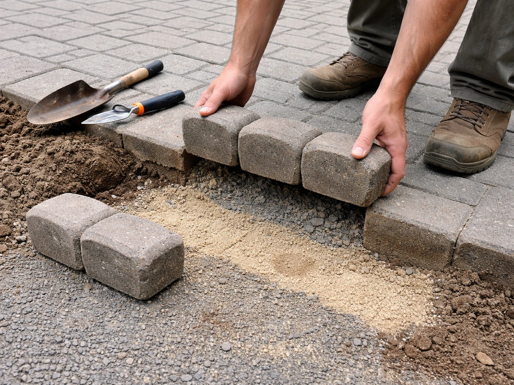 Hands lift paver edging blocks while exposed base and bedding sand are visible during repair.