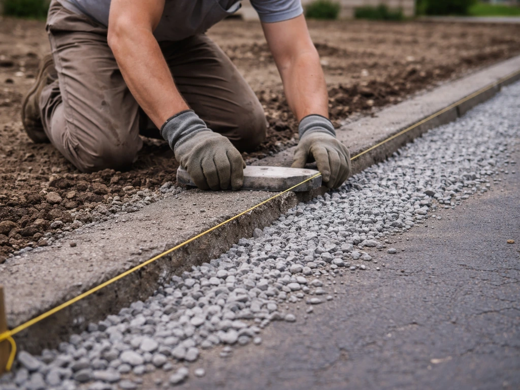 Installer uses a taut string line and leveling tool to set and compact a gravel base for straight edging.