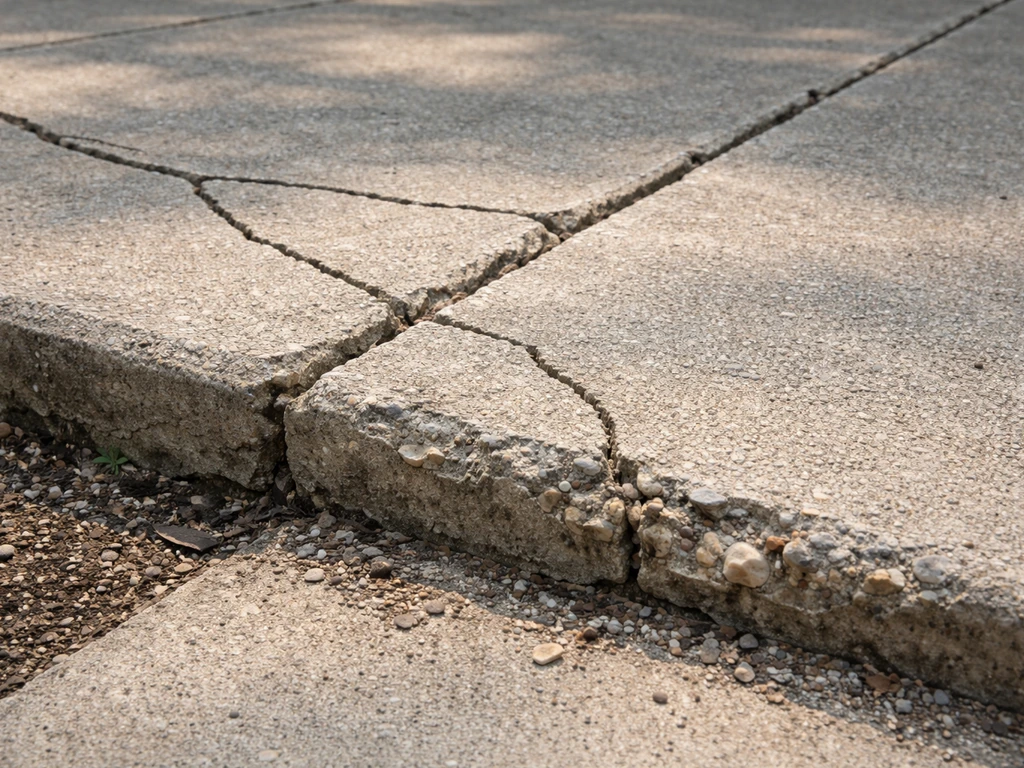 Close-up of a patio slab showing cracks, uneven edges, and a spalled corner