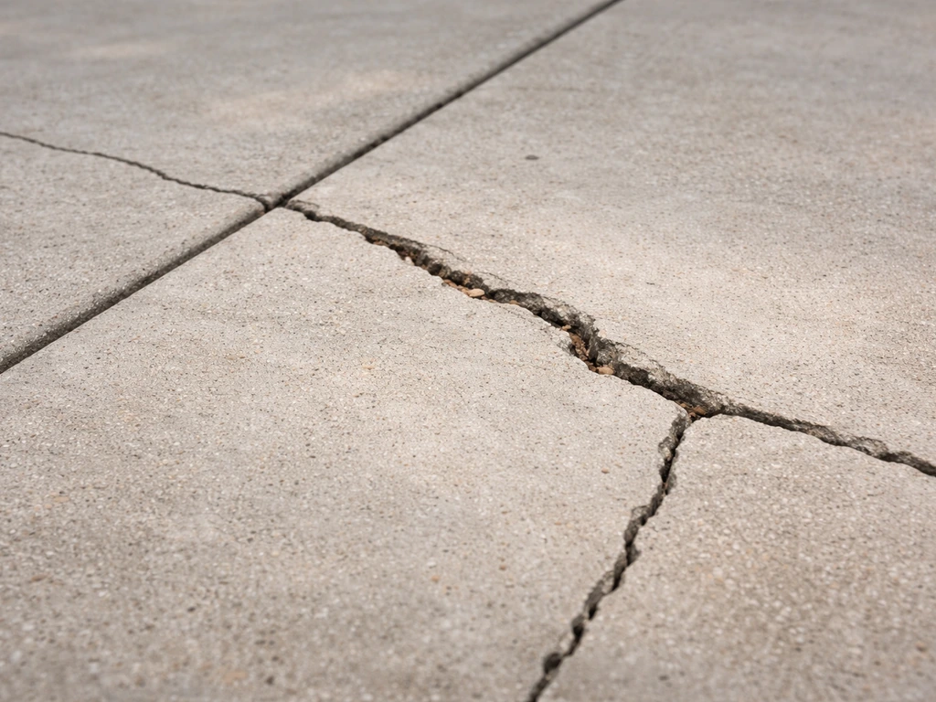 Close-up of a patio slab with hairline and wider cracks, one with slightly offset edges.