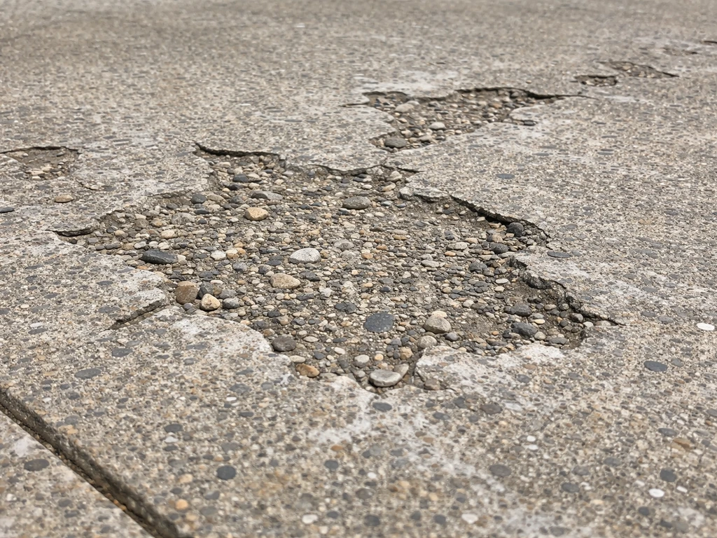 Close-up of spalling concrete patio surface with flaked edges, rough exposed aggregate, pitted texture
