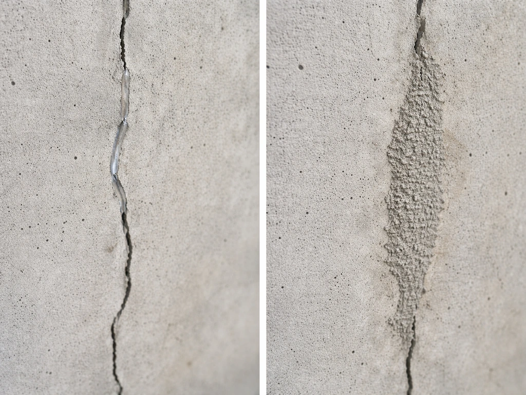 Two close-up views of masonry cracks: a cleaned hairline crack ready for sealant and a flexible patch in a wider crack