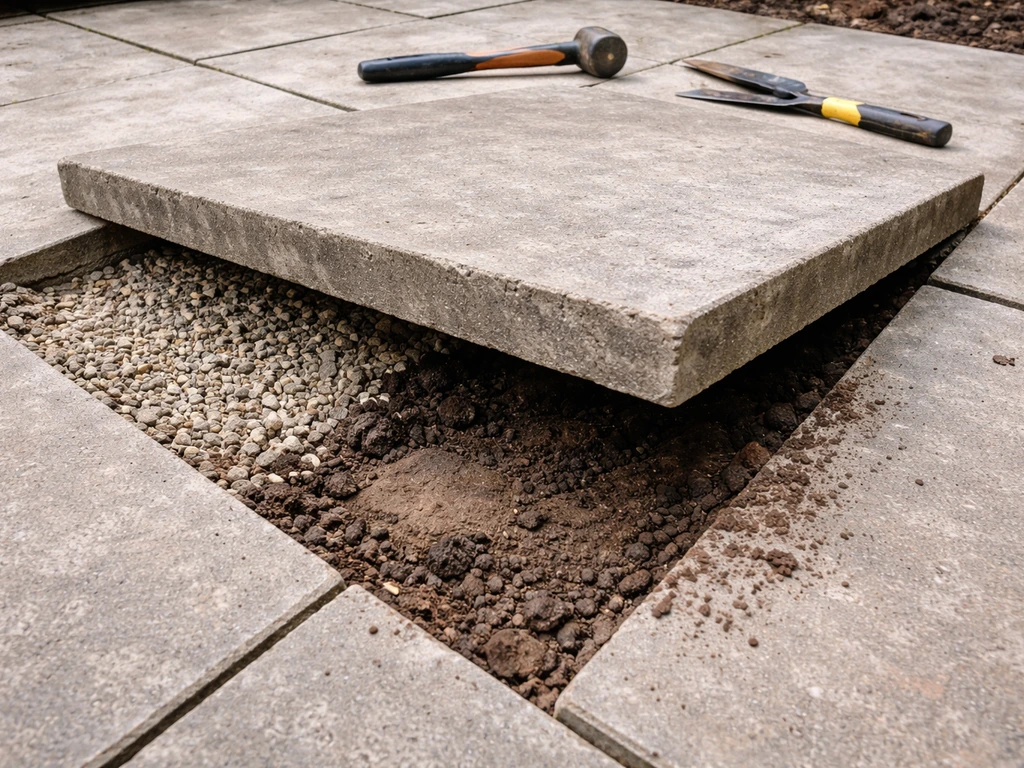 Lifted sunken patio slab shows compacted base on one side and a washed-out void area beneath.