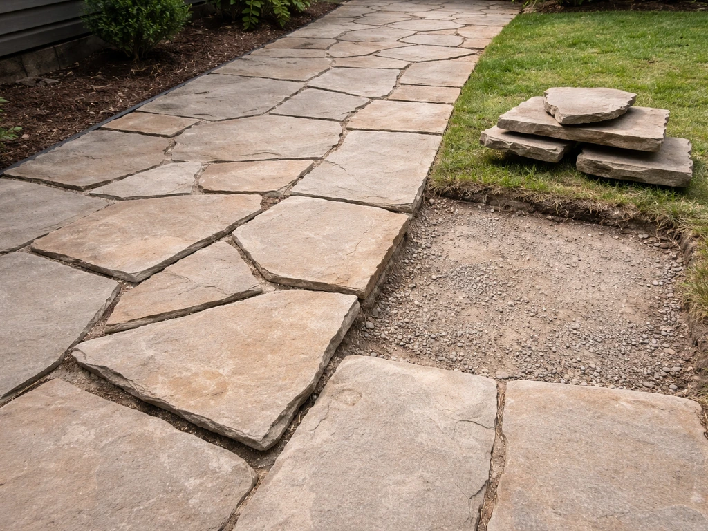 Residential flagstone patio with uneven rocking stones and a small section cleared for DIY leveling