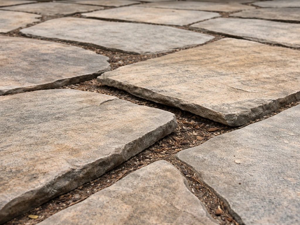 Close-up of uneven flagstones with rocking stones and visible gaps between joints