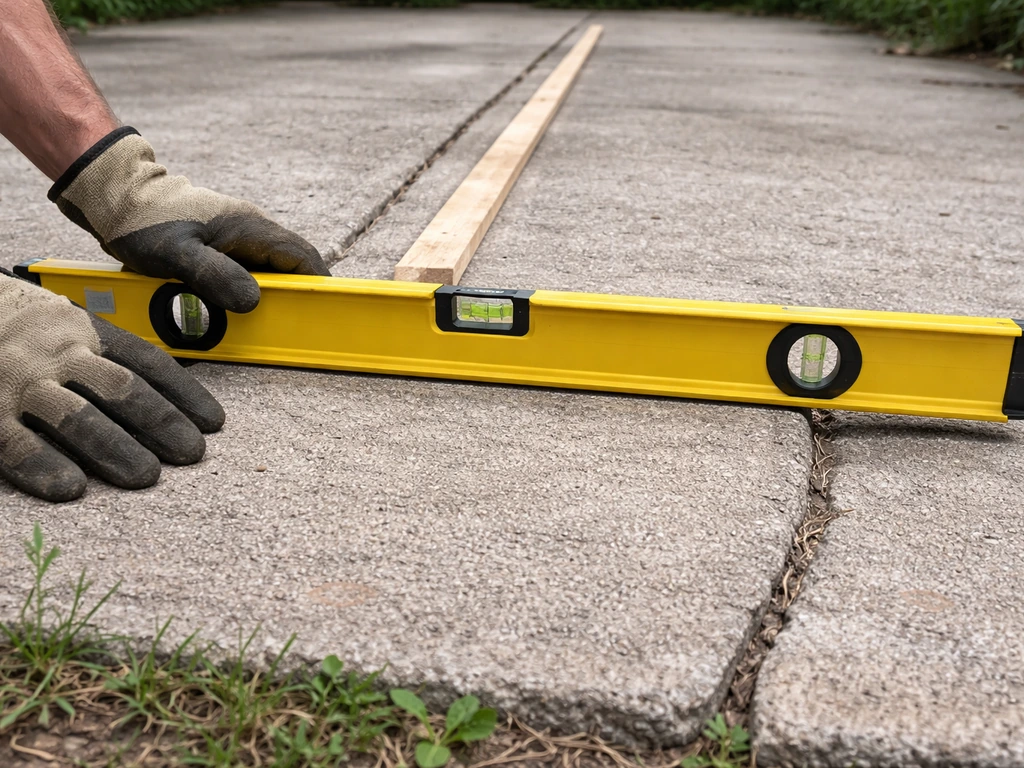 Hands measuring an uneven patio with a 4-foot level and a visible gap to check drainage slope.