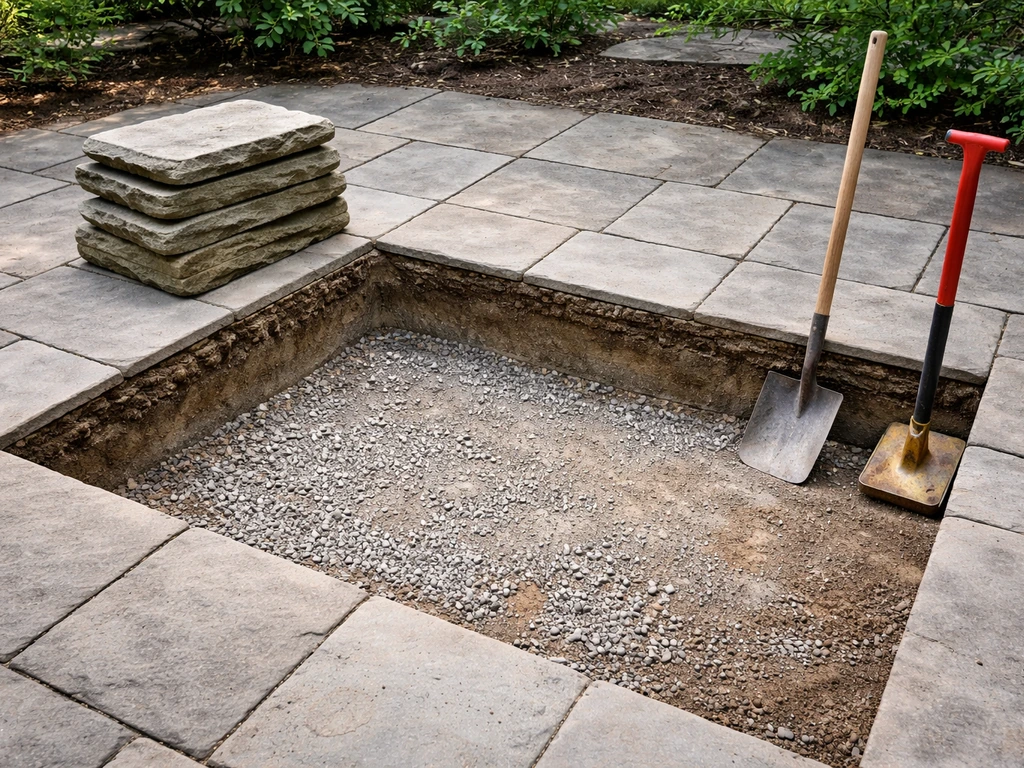 Removed patio flagstones reveal a freshly excavated, compacted gravel base ready for rebuilding.